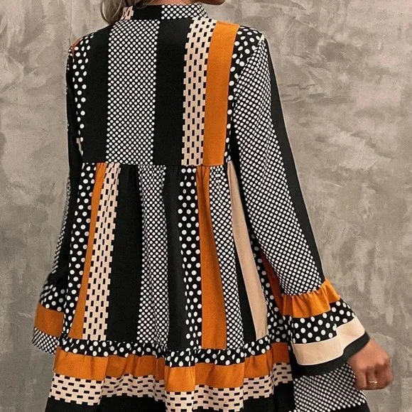 Orange Preppy Womens Striped & Polka Dot Flounce Sleeve Ruffle Hem Smock Dress - Picture 2 of 5